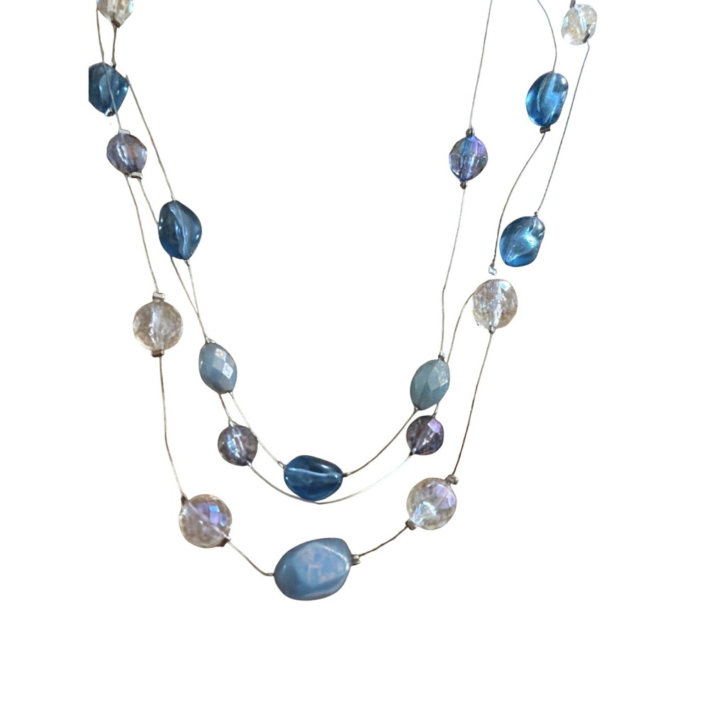 Blue Multi‎ Strand Illusion Layered Floating Bead Necklace Silver Tone Ethereal